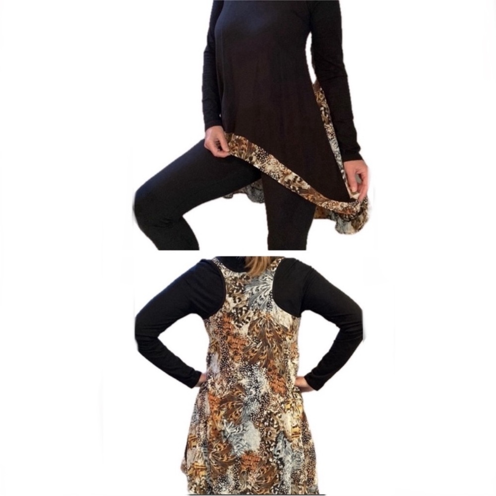 Hi-low racerback tank tunic pheasant feather animal print mix